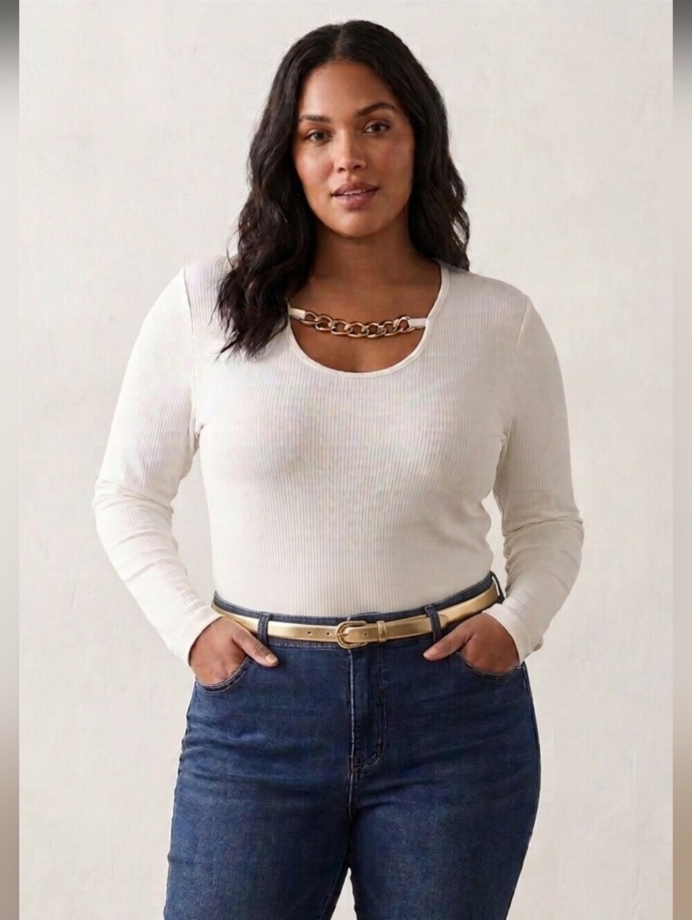 Nwt Eloquii Ribbed Knit Top Chunky Polished Gold Chain Accent Off White 26/28